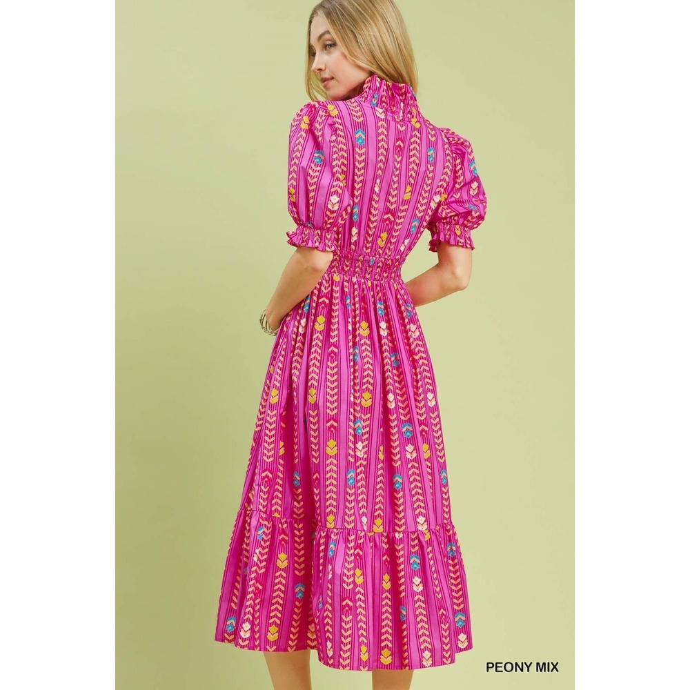 Umgee Vibrant Ruffle Smocked Midi Dress - Peony Mix - Large - Picture 2 of 4